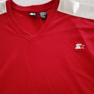 STARTER Red V-Neck Athletic Shirt with White Shoulder Panels